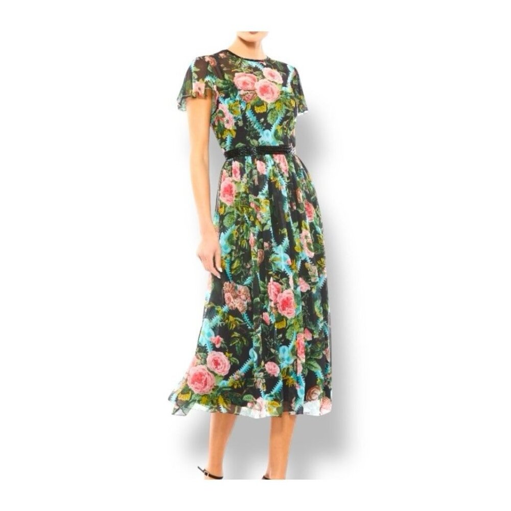 Mac Duggal Black Floral Midi Dress with Pink Roses